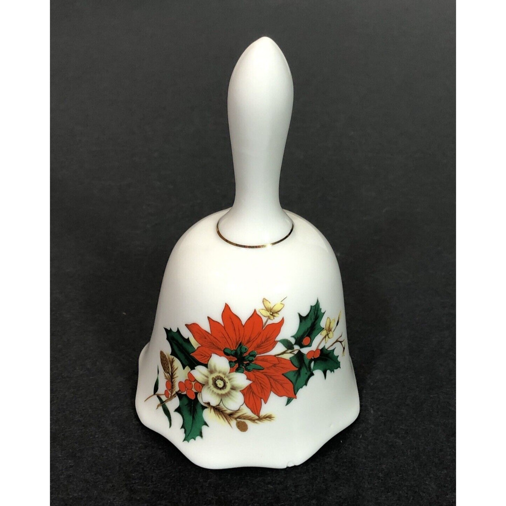 Christmas Dinner Bell Porcelain Poinsettia Gold Trim Scalloped Edge Vintage